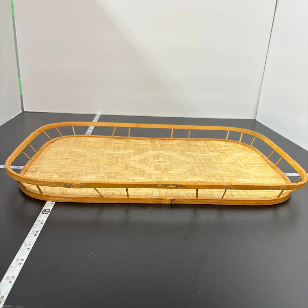Woven Bamboo Serving Tray 16x11 Tan Boho Coastal Home Decor Style Layer Natural